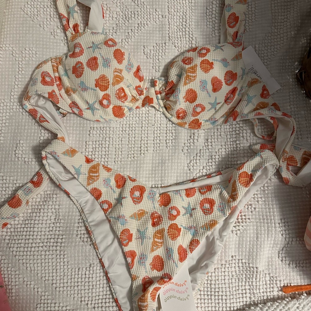 Two-Piece Swim Set in White with Orange Shell Print